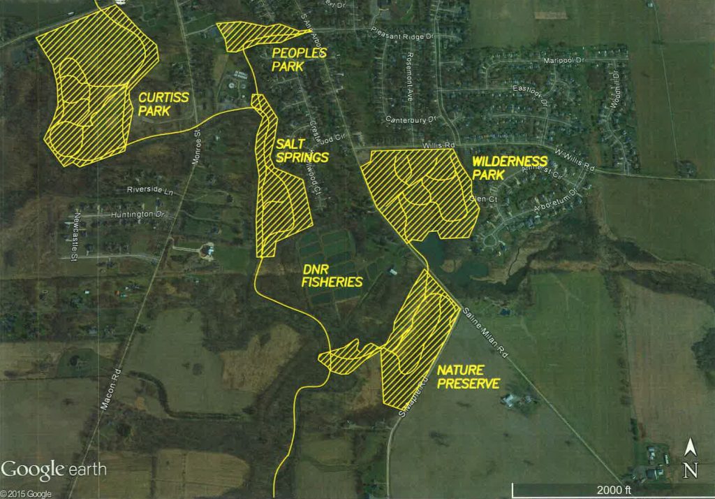 The new Leslee Niethammer Saline River Preserve (labeled ‘Nature Preserve’) joins four City of Saline parks along and near the Saline River, from Curtiss Park southward. The Friends of the Saline River group plans to connect it to the existing parks. Map courtesy of Jim Peters.
