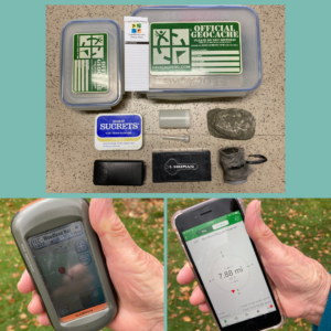 Top: Traditional caches; Bottom L-R: GPS receiver, mobile device 