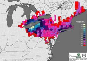 Beech leaf disease map by year through December 2023. It does not include current 2024 spread in Vermont, New Hampshire, New York and Maine.