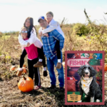 Michelle, Matt, Emme, and CeCe in a pumpkin patch. Second picture of their dog Kona