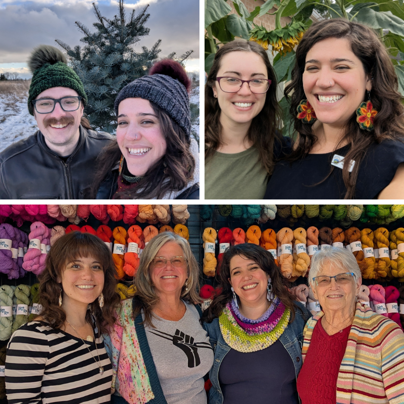 Three photos: One of couple in front of a tree outside. One of two people embracing and smiling. One of four people smiling in front of a wall of yarn.
