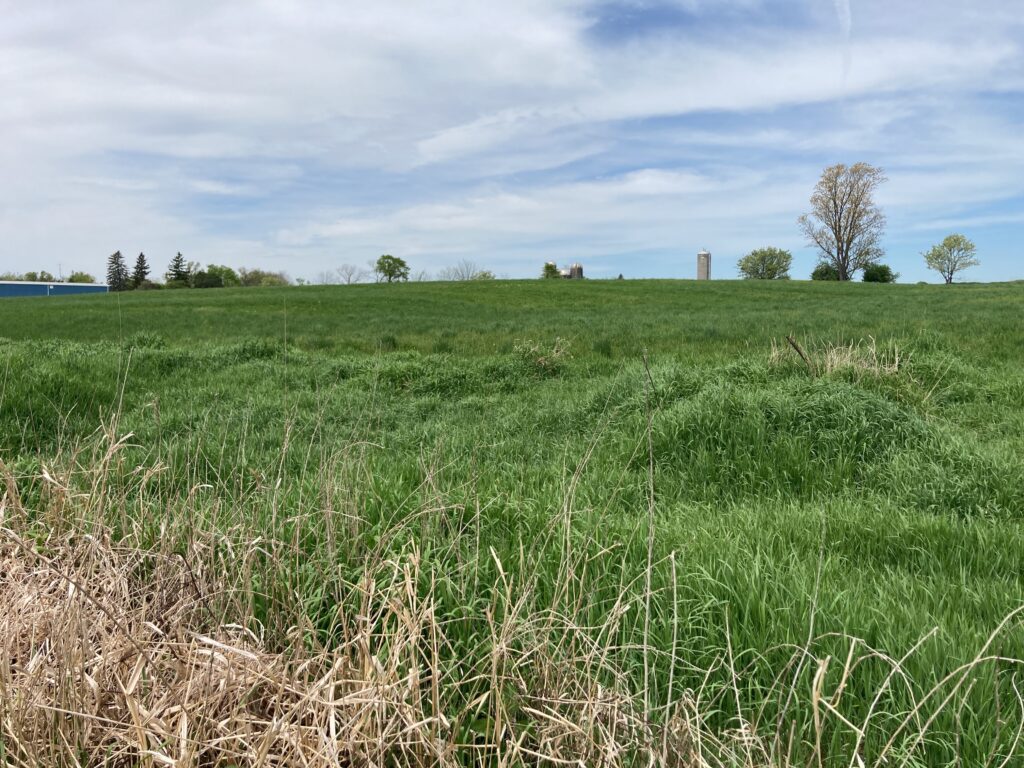 Farm field with silo and barn in the distance.