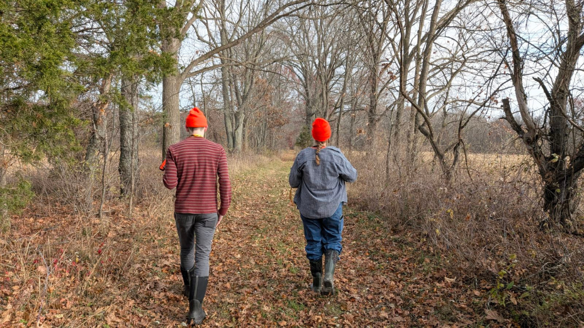 Two people walking in on a trail in forest wearing bright orange hats.